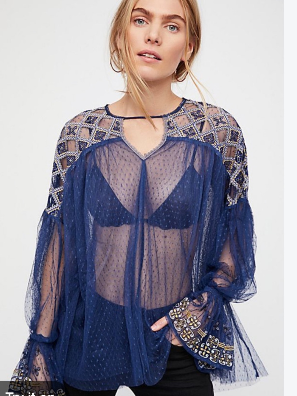 FREE PEOPLE WOMEN'S NAVY BLUE EMBROIDERED MESH JOYRIDE